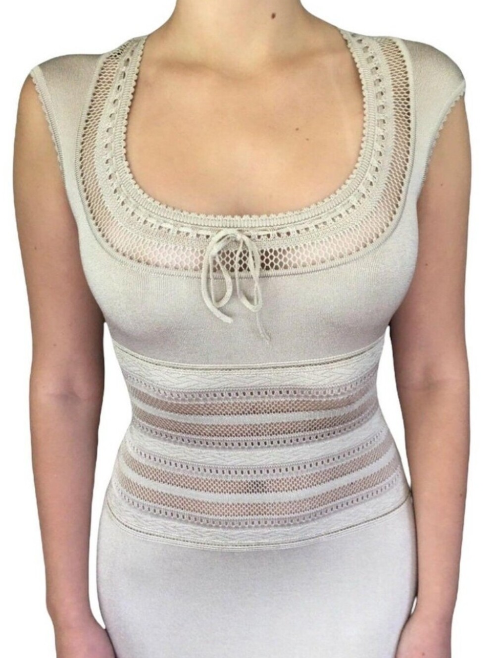 AZZEDINE ALAIA ICONIC 1993 VINTAGE SEMI SHEER CROCHET KNIT NEUTRAL/TAN DRESS - Picture 2 of 14